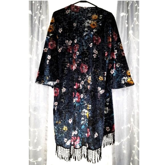 Velvet Floral Print Black Fringe Kimono Open Cardigan Sweater Duster Size 1X - Picture 4 of 7